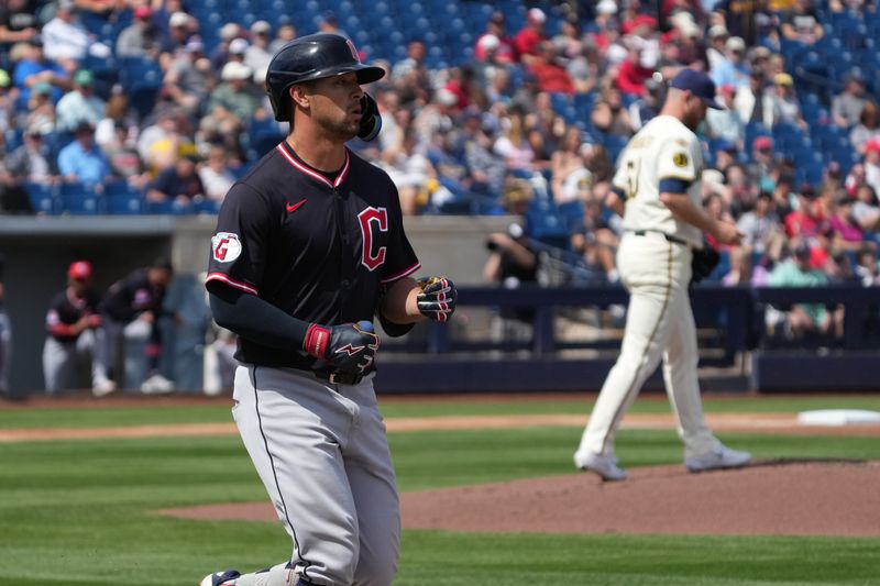Mar 16, 2025; Phoenix, Arizona, USA; Cleveland Guardians outfielder Tyler Freeman (2) draws a walk against the Milwaukee Brewers in the first inning at American Family Fields of Phoenix. Mandatory Credit: Rick Scuteri-Imagn Images