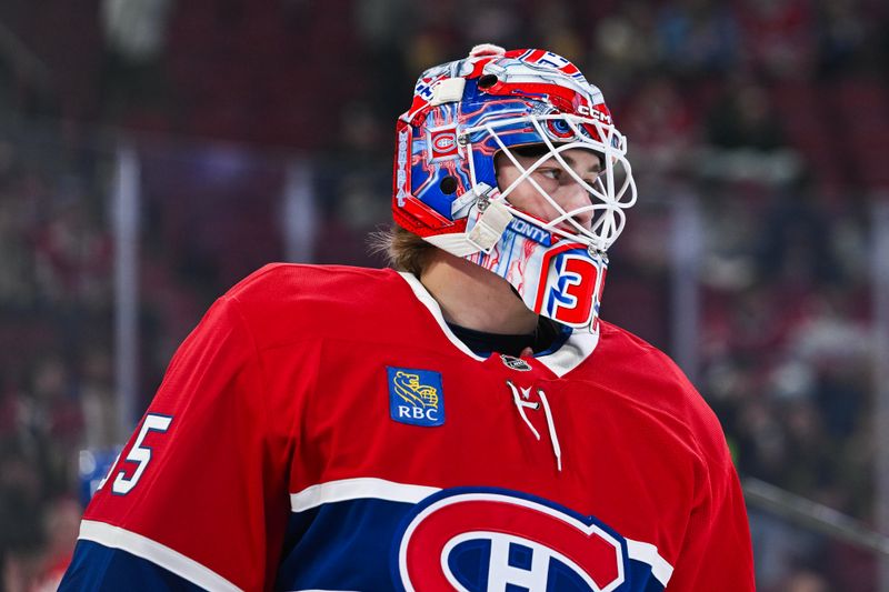 Oct 16, 2025; Montreal, Quebec, CAN; Montreal Canadiens goalie Sam Montembeault (35) looks on during warm-up before the game against the Nashville Predators at Bell Centre. Mandatory Credit: David Kirouac-Imagn Images