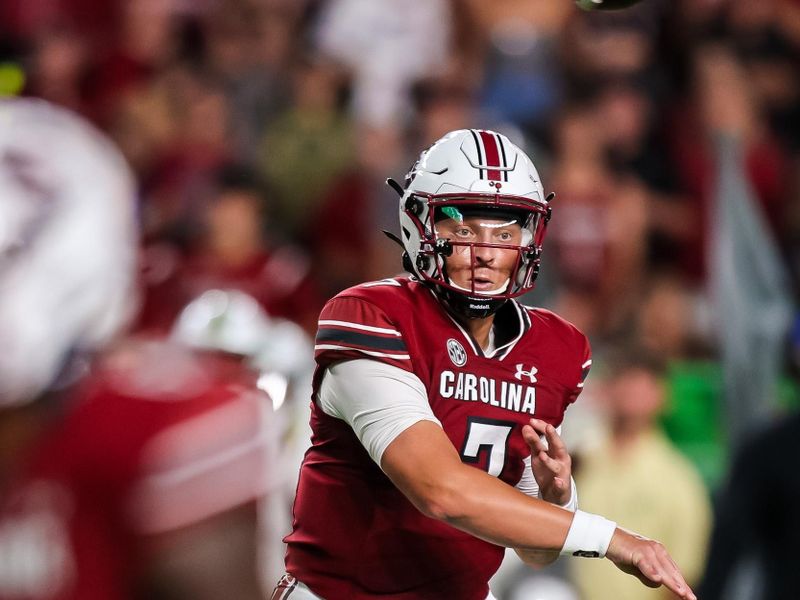 Sep 24, 2022; Columbia, South Carolina, USA; South Carolina Gamecocks quarterback Spencer Rattler (7) passes against the Charlotte 49ers in the second quarter at Williams-Brice Stadium. Mandatory Credit: Jeff Blake-USA TODAY Sports