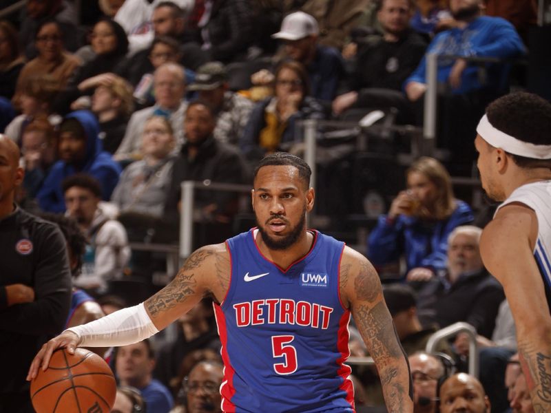 DETROIT, MI - FEBRUARY 4: Monte Morris #5 of the Detroit Pistons looks on during the game against the Detroit Pistons on February 4, 2024 at Little Caesars Arena in Detroit, Michigan. NOTE TO USER: User expressly acknowledges and agrees that, by downloading and/or using this photograph, User is consenting to the terms and conditions of the Getty Images License Agreement. Mandatory Copyright Notice: Copyright 2024 NBAE (Photo by Brian Sevald/NBAE via Getty Images)