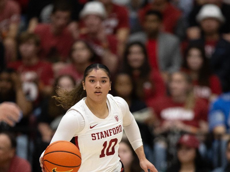 Jan 21, 2024; Stanford, California, USA; Stanford Cardinal guard Talana Lepolo (10) brings the ball up court abasing the Oregon State Beavers during the fourth quarter at Maples Pavilion. Mandatory Credit: D. Ross Cameron-USA TODAY Sports