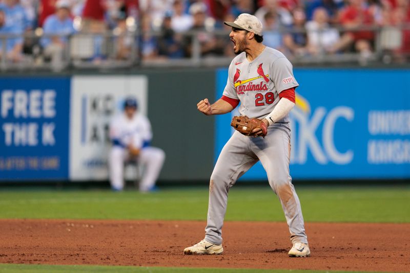 May 17, 2025; Kansas City, Missouri, USA; St. Louis Cardinals third base Nolan Arenado (28) reacts after a play during the eighth inning against the Kansas City Royals at Kauffman Stadium. Mandatory Credit: William Purnell-Imagn Images