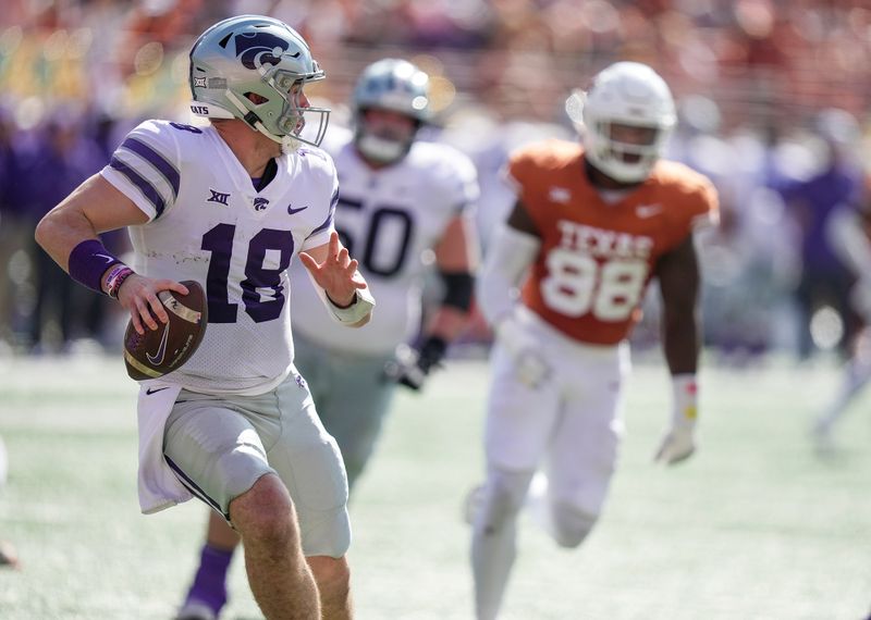 Nov 4, 2023; Austin, Texas, USA; Kansas State Wildcats quarterback Will Howard (18) rolls out to pass the ball against the Texas Longhorns in the fourth quarter at Darrell K Royal-Texas Memorial Stadium. Mandatory Credit: Ricardo B. Brazziell-USA TODAY Sports