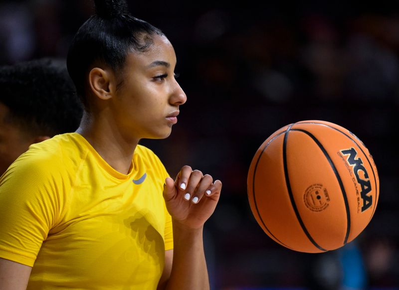 Mar 25, 2024; Los Angeles, CA, USA; USC Trojans guard JuJu Watkins during pregame warmups before playing the Kansas Jayhawks at an NCAA Women’s Tournament 2nd round game at Galen Center. Mandatory Credit: Robert Hanashiro-USA TODAY Sports