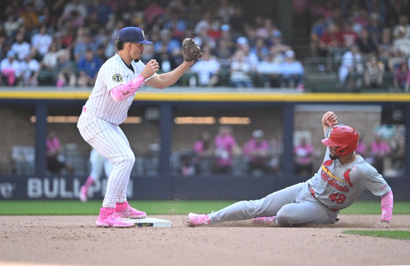 May 12, 2024; Milwaukee, Wisconsin, USA; St. Louis Cardinals catcher Iván Herrera (48) is out as he slides into second base against Milwaukee Brewers shortstop Willy Adames (27) in the seventh inning at American Family Field. Mandatory Credit: Michael McLoone-USA TODAY Sports