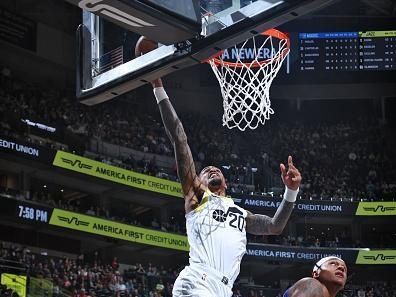 SALT LAKE CITY, UT - NOVEMBER 2: John Collins #20 of the Utah Jazz drives to the basket during the game against the Orlando Magic on November 2, 2023 at Delta Center in Salt Lake City, Utah. NOTE TO USER: User expressly acknowledges and agrees that, by downloading and or using this Photograph, User is consenting to the terms and conditions of the Getty Images License Agreement. Mandatory Copyright Notice: Copyright 2023 NBAE (Photo by Melissa Majchrzak/NBAE via Getty Images)