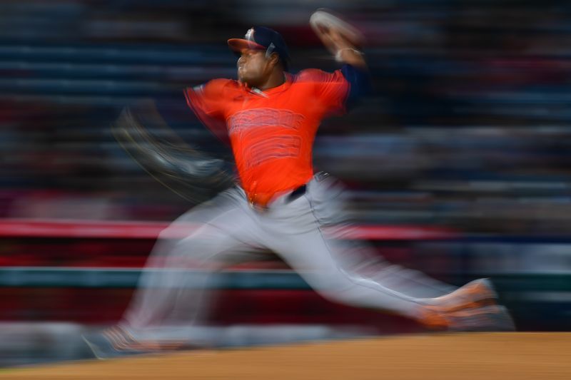 Jun 7, 2024; Anaheim, California, USA; Houston Astros pitcher Framber Valdez (59) throws against the Los Angeles Angels during the ninth inning at Angel Stadium. Mandatory Credit: Gary A. Vasquez-USA TODAY Sports