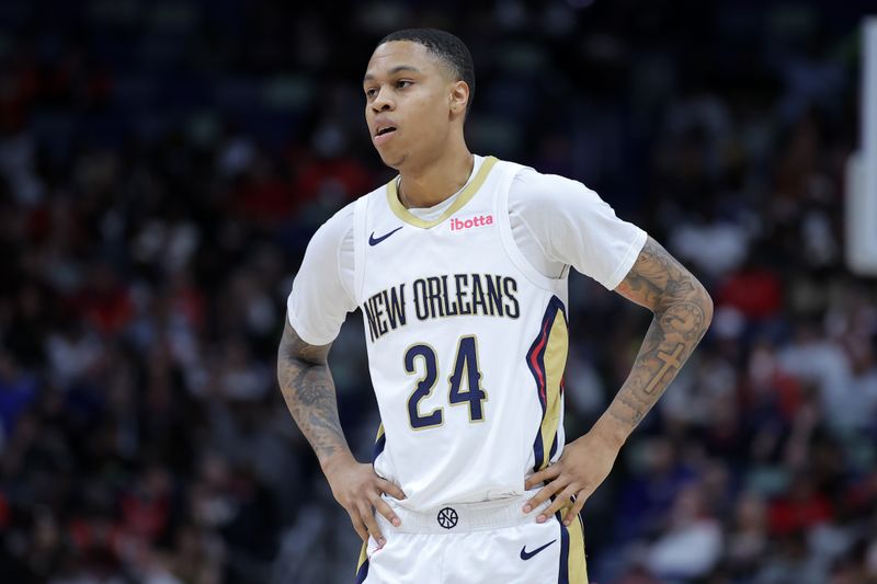 NEW ORLEANS, LOUISIANA - FEBRUARY 25: Jordan Hawkins #24 of the New Orleans Pelicans reacts against the Chicago Bulls during the first half at the Smoothie King Center on February 25, 2024 in New Orleans, Louisiana. NOTE TO USER: User expressly acknowledges and agrees that, by downloading and or using this Photograph, user is consenting to the terms and conditions of the Getty Images License Agreement. (Photo by Jonathan Bachman/Getty Images)