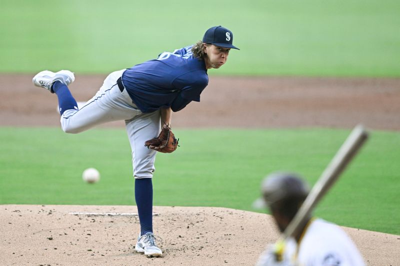 Jun 9, 2024; San Diego, California, USA; Seattle Mariners starting pitcher Logan Gilbert (36) pitches during the first inning against the San Diego Padres at Petco Park. Mandatory Credit: Denis Poroy-USA TODAY Sports at Petco Park. 