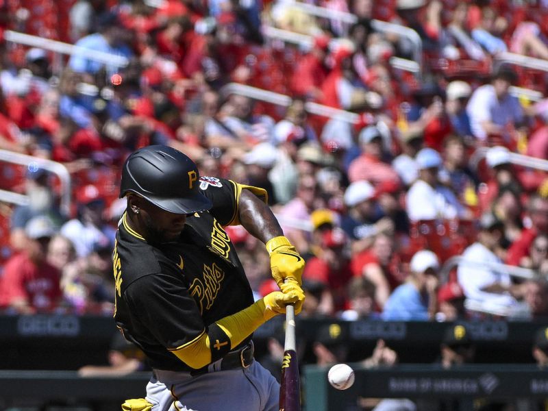 Sep 3, 2023; St. Louis, Missouri, USA;  Pittsburgh Pirates designated hitter Andrew McCutchen (22) hits a single against the St. Louis Cardinals during the fourth inning at Busch Stadium. Mandatory Credit: Jeff Curry-USA TODAY Sports