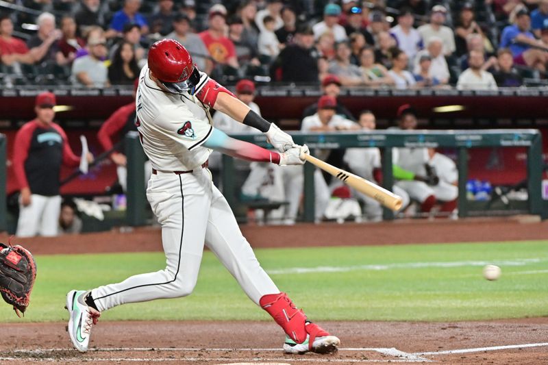 Jul 31, 2024; Phoenix, Arizona, USA;  Arizona Diamondbacks shortstop Kevin Newman (18) singles against the Washington Nationals in the second inning at Chase Field. Mandatory Credit: Matt Kartozian-USA TODAY Sports