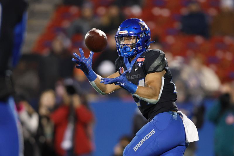 Dec 17, 2022; Frisco, Texas, USA;  Boise State Broncos running back George Holani (24) catches a pass against the North Texas Mean Green in the first half at Toyota Stadium. Mandatory Credit: Tim Heitman-USA TODAY Sports