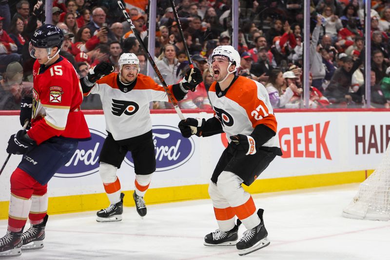 Feb 6, 2024; Sunrise, Florida, USA; Philadelphia Flyers left wing Noah Cates (27) celebrates after scoring against the Florida Panthers during the third period at Amerant Bank Arena. Mandatory Credit: Sam Navarro-USA TODAY Sports