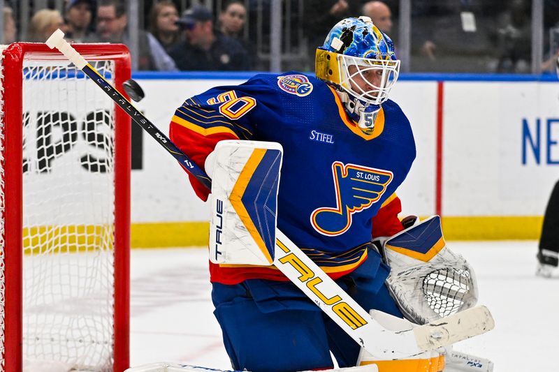 Mar 13, 2024; St. Louis, Missouri, USA;  St. Louis Blues goaltender Jordan Binnington (50) defends the net against the Los Angeles Kings during the third period at Enterprise Center. Mandatory Credit: Jeff Curry-USA TODAY Sports