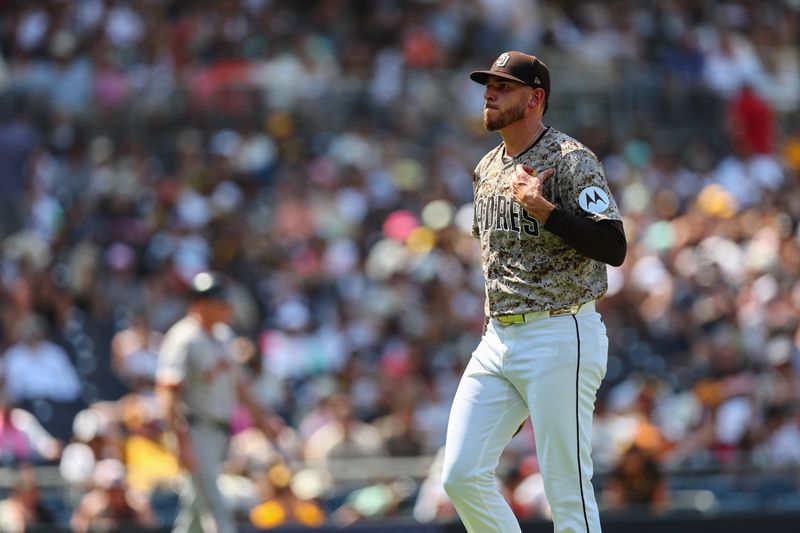 Sep 8, 2024; San Diego, California, USA; San Diego Padres starting pitcher Joe Musgrove (44) looks on after giving up six runs during the fourth inning against the San Francisco Giants at Petco Park. Mandatory Credit: Chadd Cady-Imagn Images