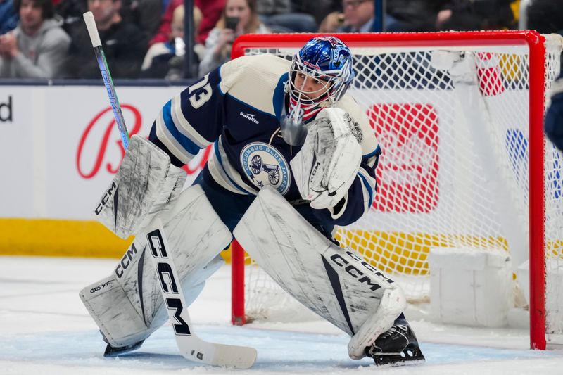 Apr 4, 2024; Columbus, Ohio, USA;  Columbus Blue Jackets goaltender Jet Greaves (73) defends the net against the New York Islanders in the second period at Nationwide Arena. Mandatory Credit: Aaron Doster-USA TODAY Sports