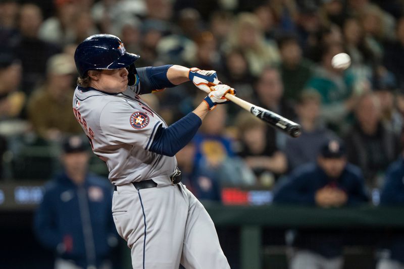 May 29, 2024; Seattle, Washington, USA; Houston Astros centerfielder Jake Meyers (6) hits a RBI-single fourth inning against the Seattle Mariners at T-Mobile Park. Mandatory Credit: Stephen Brashear-USA TODAY Sports