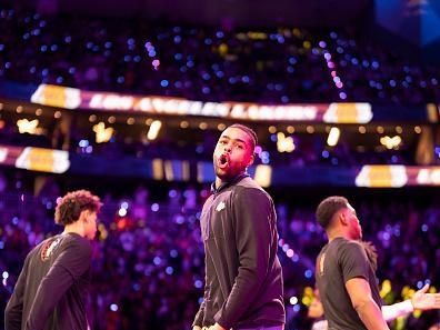 LAS VEGAS, NV - DECEMBER 9: D'Angelo Russell #1 of the Los Angeles Lakers is introduced before the game against the Indiana Pacers during the In-Season Tournament Championship game on December 9, 2023 at T-Mobile Arena in Las Vegas, Nevada. NOTE TO USER: User expressly acknowledges and agrees that, by downloading and or using this photograph, User is consenting to the terms and conditions of the Getty Images License Agreement. Mandatory Copyright Notice: Copyright 2023 NBAE (Photo by Tyler Ross/NBAE via Getty Images)