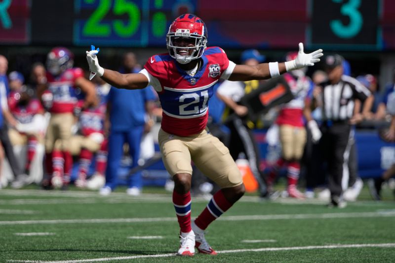 New York Giants cornerback Adoree' Jackson (21) reacts after a penalty called during the first half of an NFL football game against the Minnesota Vikings, Sunday, Sept. 8, 2024, in East Rutherford, N.J. (AP Photo/Pamela Smith)