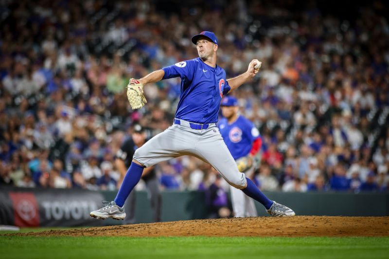 Sep 14, 2024; Denver, Colorado, USA; Chicago Cubs pitcher Drew Smyly (11) pitches against the Colorado Rockies at Coors Field. Mandatory Credit: Chet Strange-Imagn Images