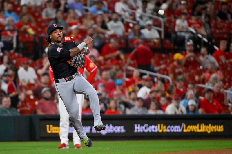 Sep 20, 2024; St. Louis, Missouri, USA;  Cleveland Guardians third baseman Jose Ramirez (11) throws on the run against the St. Louis Cardinals during the fifth inning at Busch Stadium. Mandatory Credit: Jeff Curry-Imagn Images