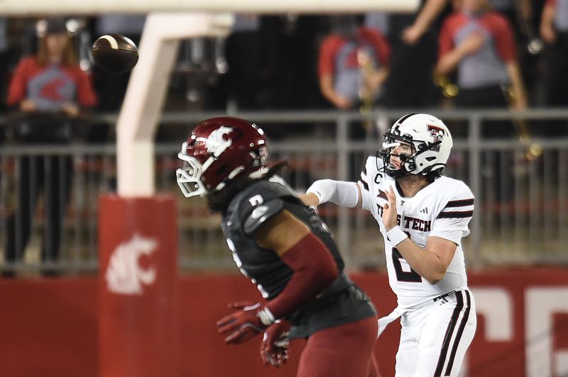 Sep 7, 2024; Pullman, Washington, USA; Texas Tech Red Raiders quarterback Behren Morton (2) throws a pass against the Washington State Cougars in the first half at Gesa Field at Martin Stadium. Mandatory Credit: James Snook-Imagn Images