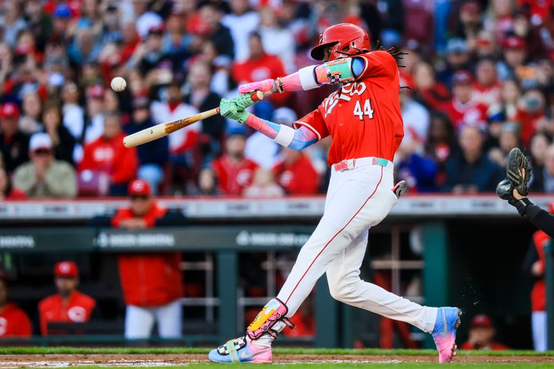 Apr 12, 2025; Cincinnati, Ohio, USA; Cincinnati Reds shortstop Elly De La Cruz (44) hits a grand slam in the third inning against the Pittsburgh Pirates at Great American Ball Park. Mandatory Credit: Katie Stratman-Imagn Images