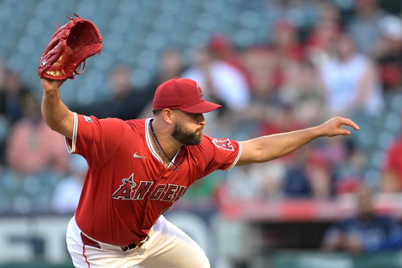 Apr 9, 2024; Anaheim, California, USA;  Los Angeles Angels pitcher Patrick Sandoval (43) delivers in the first inning against the Tampa Bay Rays at Angel Stadium. Mandatory Credit: Jayne Kamin-Oncea-USA TODAY Sports