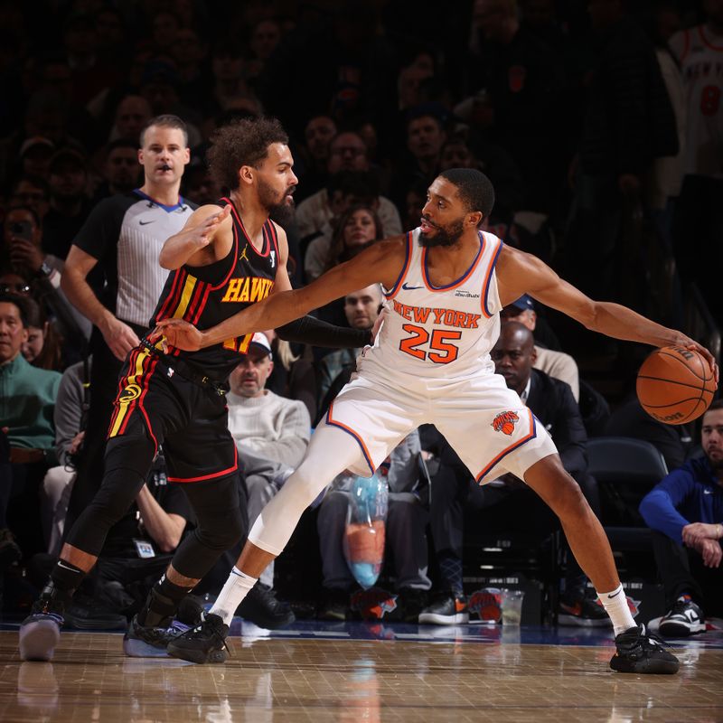 NEW YORK, NY - FEBRUARY 12: Mikal Bridges #25 of the New York Knicks handles the ball during the game against the Atlanta Hawks on February 12, 2025 at Madison Square Garden in New York City, New York.  NOTE TO USER: User expressly acknowledges and agrees that, by downloading and or using this photograph, User is consenting to the terms and conditions of the Getty Images License Agreement. Mandatory Copyright Notice: Copyright 2025 NBAE(Photo by Nathaniel S. Butler/NBAE via Getty Images)