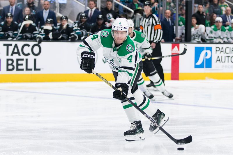 Mar 5, 2024; San Jose, California, USA; Dallas Stars defenseman Miro Heiskanen (4) shoots against the San Jose Sharks during the first period at SAP Center at San Jose. Mandatory Credit: John Hefti-USA TODAY Sports