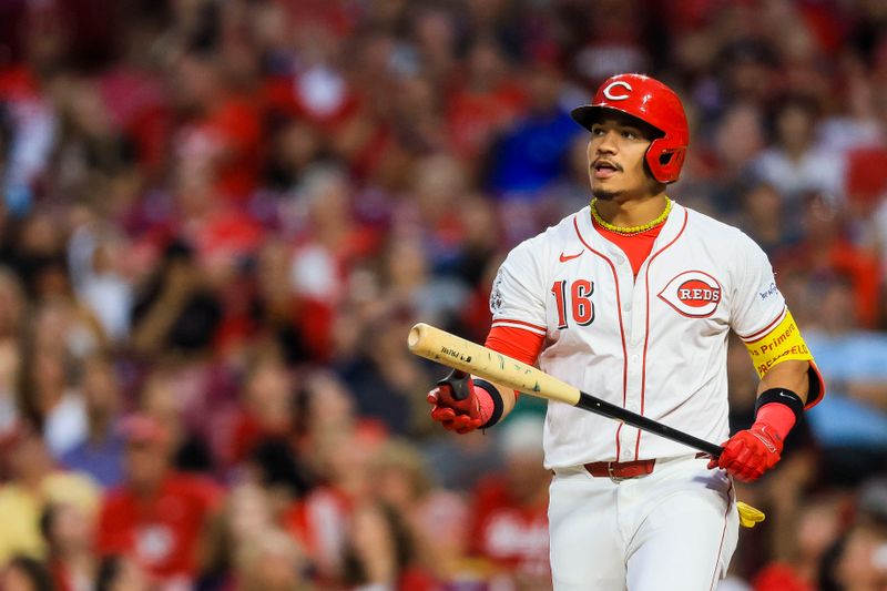 Sep 17, 2024; Cincinnati, Ohio, USA; Cincinnati Reds third baseman Noelvi Marte (16) at bat in the second inning against the Atlanta Braves at Great American Ball Park. Mandatory Credit: Katie Stratman-Imagn Images