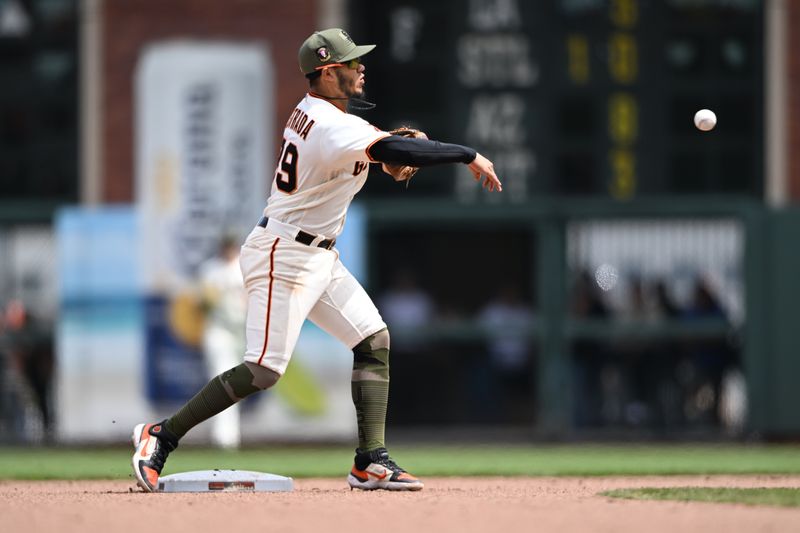 May 21, 2023; San Francisco, California, USA;  San Francisco Giants infielder Thairo Estrada (39) throws the ball to first base to complete a double play against the Miami Marlins during the seventh inning at Oracle Park. Mandatory Credit: Robert Edwards-USA TODAY Sports