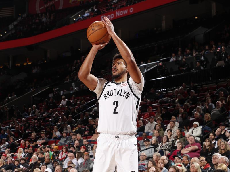 PORTLAND, OR - JANUARY 14: Cameron Johnson #2 of the Brooklyn Nets shoots a three point basket during the game against the Portland Trail Blazers on January 14, 2025 at the Moda Center Arena in Portland, Oregon. NOTE TO USER: User expressly acknowledges and agrees that, by downloading and or using this photograph, user is consenting to the terms and conditions of the Getty Images License Agreement. Mandatory Copyright Notice: Copyright 2025 NBAE (Photo by Cameron Browne/NBAE via Getty Images)