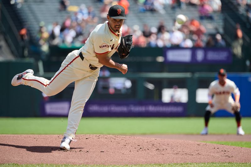 Apr 10, 2024; San Francisco, California, USA; San Francisco Giants starting pitcher Jordan Hicks (12) throws a pitch against the Washington Nationals during the first inning at Oracle Park. Mandatory Credit: Robert Edwards-USA TODAY Sports