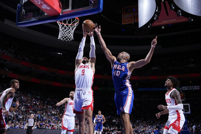 PHILADELPHIA, PA - JANUARY 15: Dillon Brooks #9 of the Houston Rockets grabs a rebound during the game against the Philadelphia 76ers on January 15, 2024 at the Wells Fargo Center in Philadelphia, Pennsylvania NOTE TO USER: User expressly acknowledges and agrees that, by downloading and/or using this Photograph, user is consenting to the terms and conditions of the Getty Images License Agreement. Mandatory Copyright Notice: Copyright 2024 NBAE (Photo by Jesse D. Garrabrant/NBAE via Getty Images)