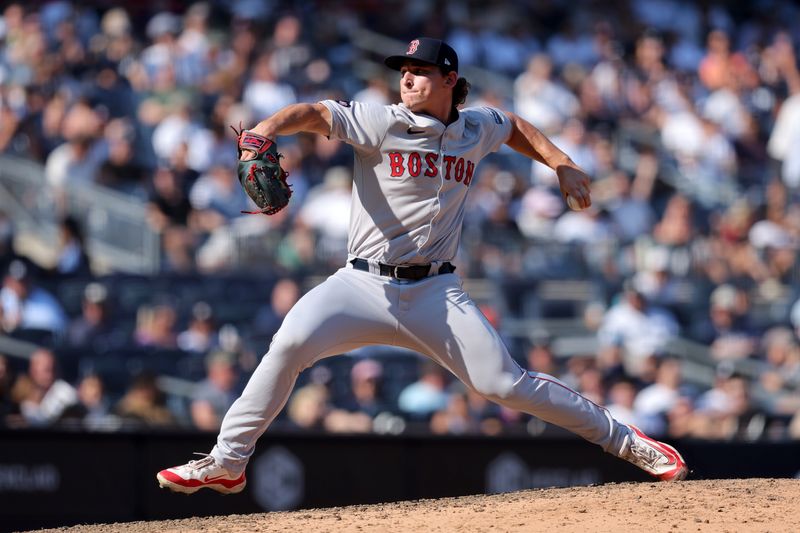 Sep 14, 2024; Bronx, New York, USA; Boston Red Sox relief pitcher Zach Penrod (67) pitches against the New York Yankees during the eighth inning at Yankee Stadium. The appearance is his major league debut. Mandatory Credit: Brad Penner-Imagn Images