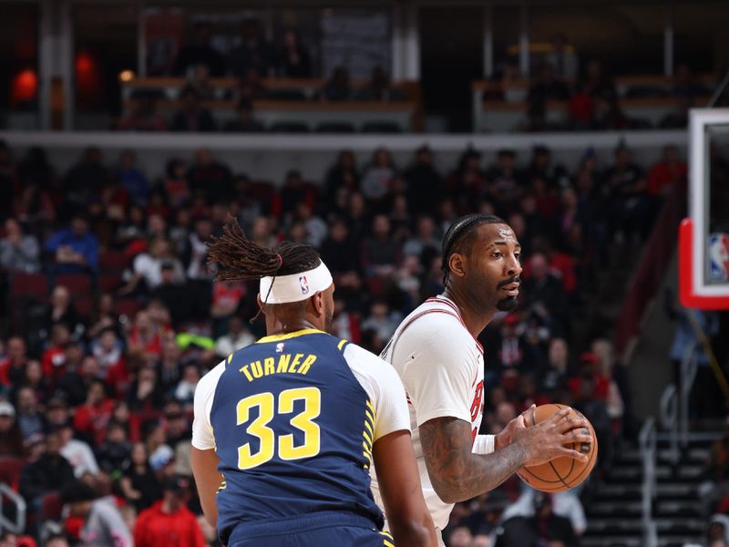 CHICAGO, IL - MARCH 27: Andre Drummond #3 of the Chicago Bulls handles the ball during the game Indiana Pacers on March 27, 2024 at United Center in Chicago, Illinois. NOTE TO USER: User expressly acknowledges and agrees that, by downloading and or using this photograph, User is consenting to the terms and conditions of the Getty Images License Agreement. Mandatory Copyright Notice: Copyright 2024 NBAE (Photo by Jeff Haynes/NBAE via Getty Images)