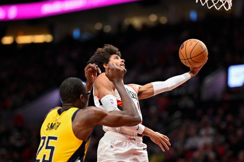 PORTLAND, OREGON - JANUARY 19: Matisse Thybulle #4 of the Portland Trail Blazers shoots a layup during the fourth quarter of the game against the Indiana Pacers at the Moda Center on January 19, 2024 in Portland, Oregon. The Portland Trail Blazers won 118-115. NOTE TO USER: User expressly acknowledges and agrees that, by downloading and or using this photograph, User is consenting to the terms and conditions of the Getty Images License Agreement. (Photo by Alika Jenner/Getty Images)