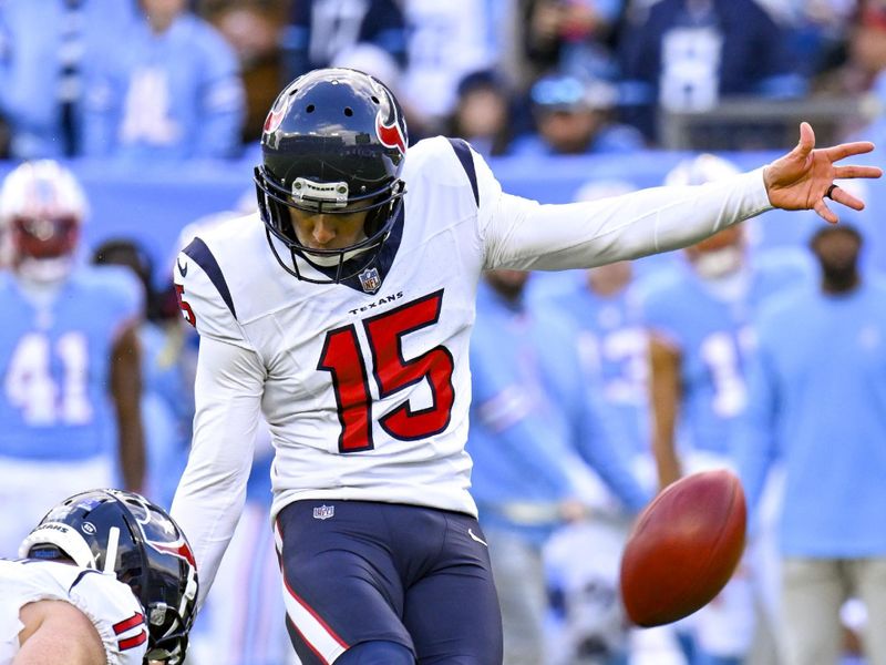 Houston Texans place kicker Ka'imi Fairbairn (15) against the Tennessee Titans during an NFL football game Sunday, Dec. 17, 2023, in Nashville, Tenn. (AP Photo/John Amis)