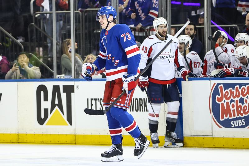 Apr 21, 2024; New York, New York, USA; New York Rangers center Matt Rempe (73) celebrates after scoring a goal in the second period against the Washington Capitals in game one of the first round of the 2024 Stanley Cup Playoffs at Madison Square Garden. Mandatory Credit: Wendell Cruz-USA TODAY Sports