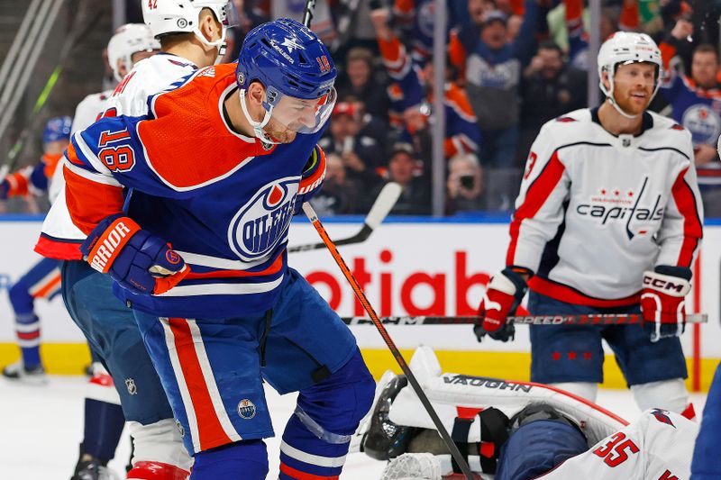 Mar 13, 2024; Edmonton, Alberta, CAN; Edmonton Oilers forward Zach Hyman (18) celebrates after scoring a goal during the first period against the Washington Capitals at Rogers Place. Mandatory Credit: Perry Nelson-USA TODAY Sports