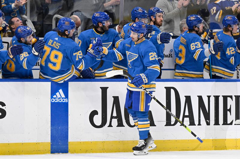 Feb 17, 2024; St. Louis, Missouri, USA; St. Louis Blues center Jordan Kyrou (25) is congratulated by teammates after scoring a goal against the Nashville Predators during the first period at Enterprise Center. Mandatory Credit: Jeff Le-USA TODAY Sports