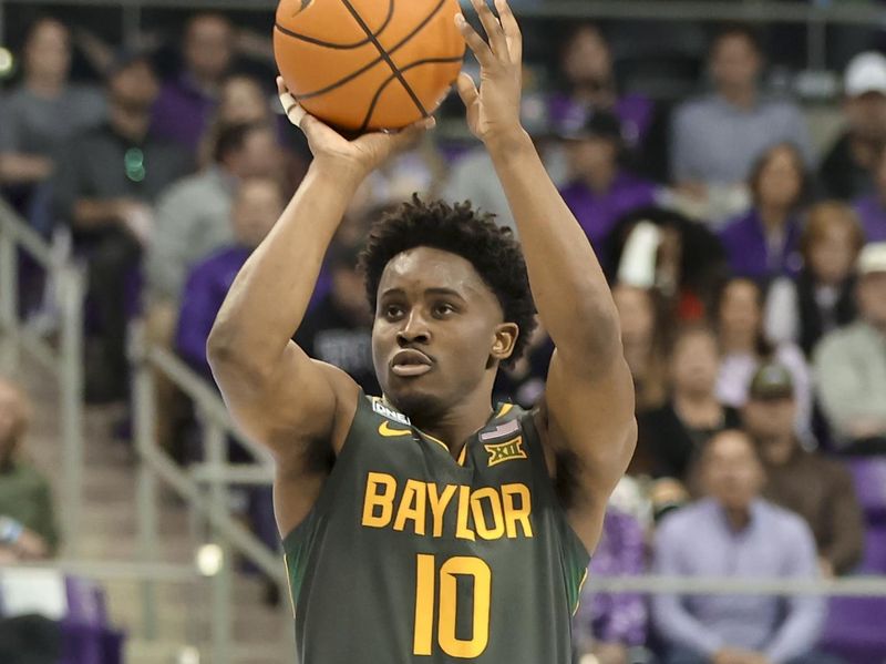 Feb 11, 2023; Fort Worth, Texas, USA;  Baylor Bears guard Adam Flagler (10) shoots during the second half against the TCU Horned Frogs at Ed and Rae Schollmaier Arena. Mandatory Credit: Kevin Jairaj-USA TODAY Sports