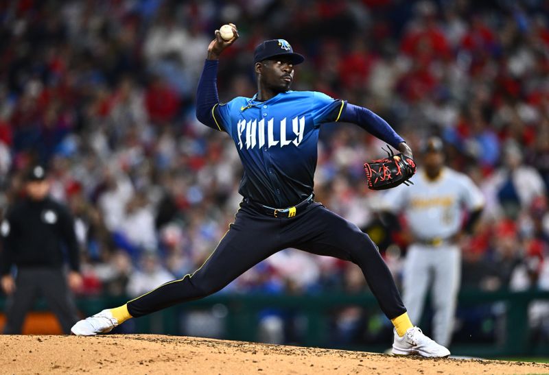 Apr 12, 2024; Philadelphia, Pennsylvania, USA; Philadelphia Phillies relief pitcher Yunior Marte (43) throws a pitch against the Pittsburgh Pirates in the seventh inning at Citizens Bank Park. Mandatory Credit: Kyle Ross-USA TODAY Sports