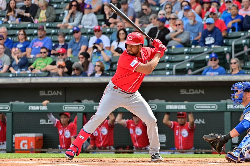 Feb 27, 2024; Mesa, Arizona, USA;  Cincinnati Reds third baseman Jeimer Candelario (3) at bat in the first inning against the Chicago Cubs during a spring training game at Sloan Park. Mandatory Credit: Matt Kartozian-USA TODAY Sports