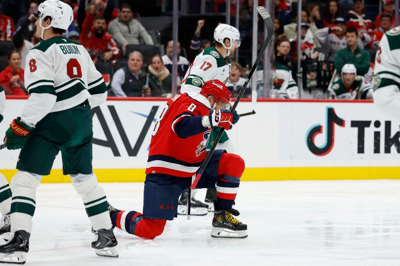 Oct 17, 2025; Washington, District of Columbia, USA; Washington Capitals left wing Alex Ovechkin (8) celebrates after scoring a goal against the Minnesota Wild during the third period at Capital One Arena. Mandatory Credit: Geoff Burke-Imagn Images