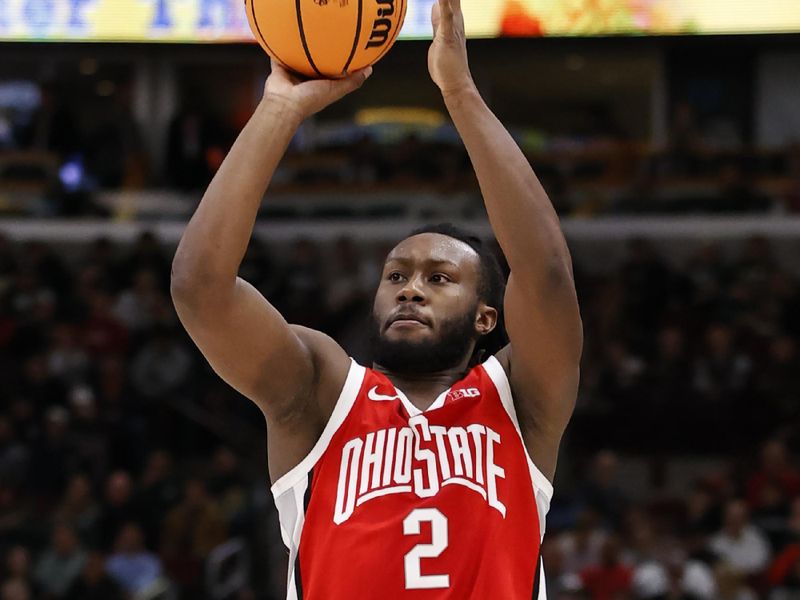 Mar 10, 2023; Chicago, IL, USA; Ohio State Buckeyes guard Bruce Thornton (2) shoots against the Michigan State Spartans during the first half at United Center. Mandatory Credit: Kamil Krzaczynski-USA TODAY Sports