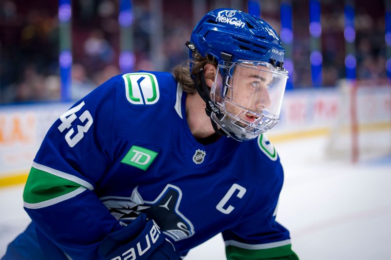 Dec 14, 2024; Vancouver, British Columbia, CAN; Vancouver Canucks defenseman Quinn Hughes (43) skates during warm up prior to a game against the Boston Bruins at Rogers Arena. Mandatory Credit: Bob Frid-Imagn Images