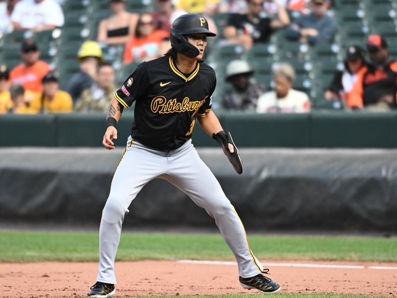 Sep 11, 2025; Baltimore, Maryland, USA;  Pittsburgh Pirates pinch hitter Ji Hwan Bae (3) takes a lead off first base during the eighth inning against the Baltimore Orioles at Oriole Park at Camden Yards. Mandatory Credit: James A. Pittman-Imagn Images