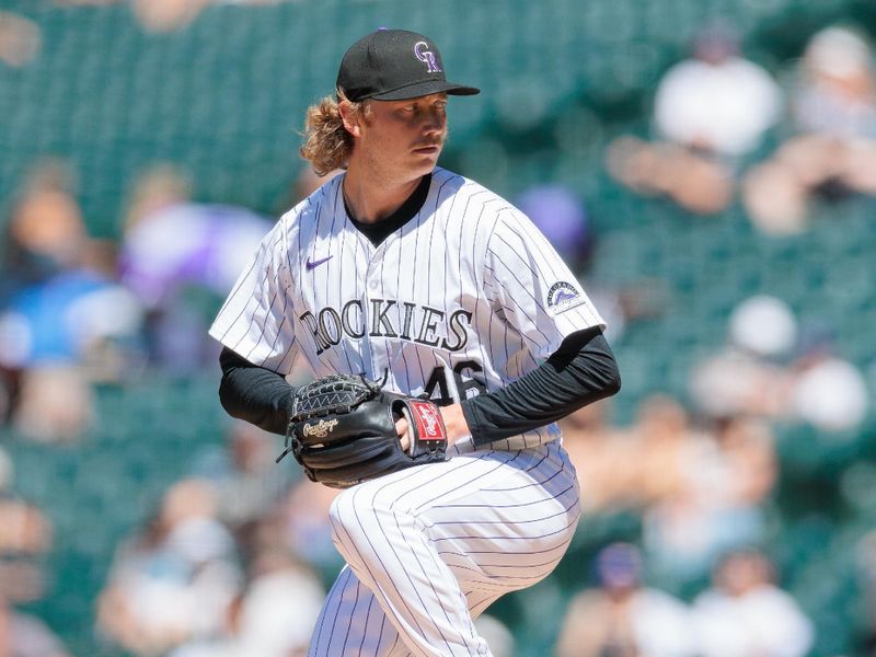 Jun 5, 2024; Denver, Colorado, USA; Colorado Rockies pitcher Nick Mears (46) delivers a pitch during the seventh inning against the Cincinnati Reds at Coors Field. Mandatory Credit: Andrew Wevers-USA TODAY Sports